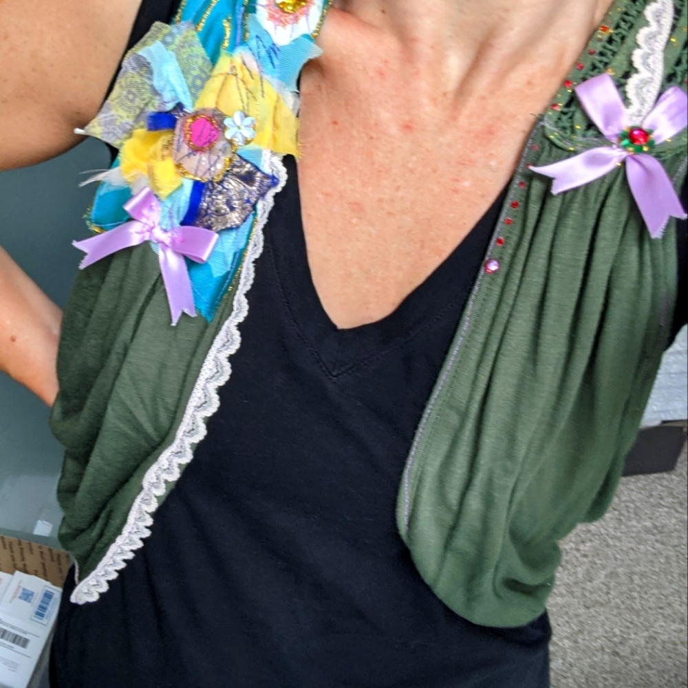 One of a kind, hand embellished, embroidered shrug
